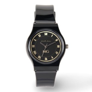 Elegant Modern Monogram Black Guld Roman Numerals Armbandsur