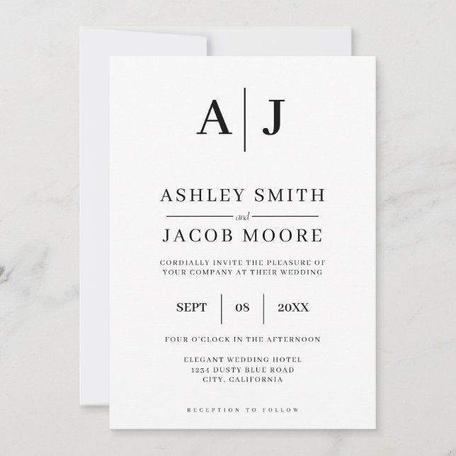 Elegant Modern Monogram Black White Bröllop Inbjudningar (Framsida)