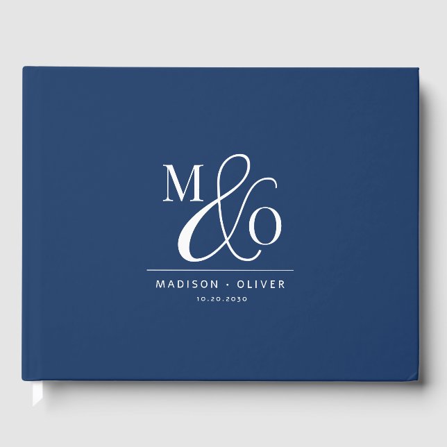 Elegant Modern Monogram Bröllop marin Blue Gästböcker (Framsida)