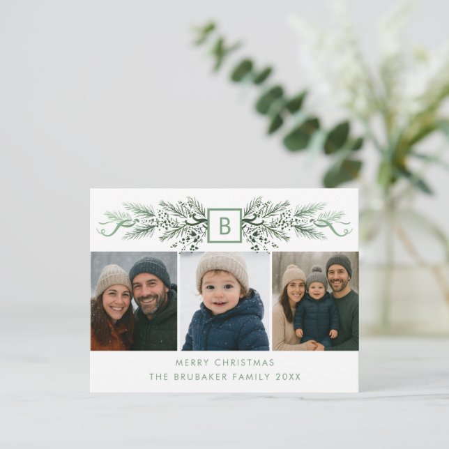 Elegant Modern Monogram Budget 3 Photo Christmas Helg Vykort (Stående Fram)