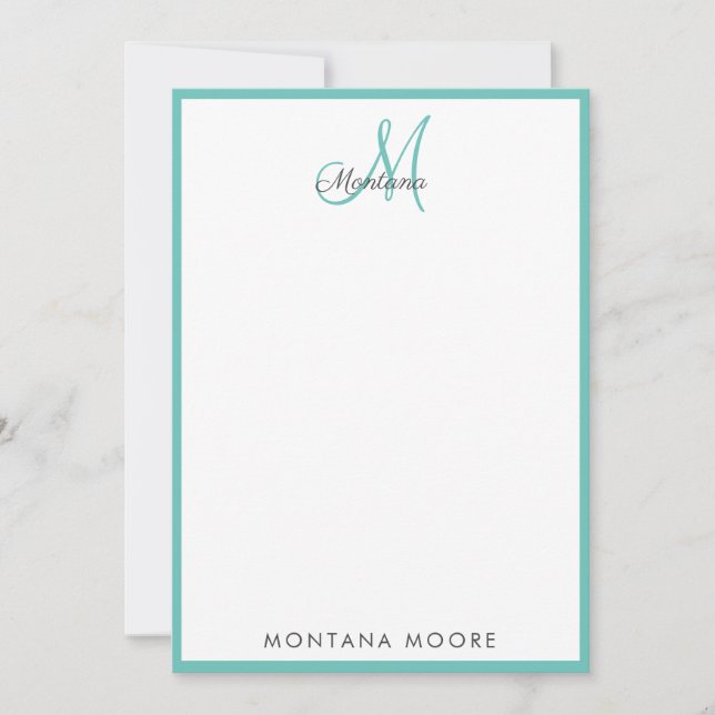 Elegant Modern Monogram enkel Girly Teal Note Anteckningskort (Framsida)