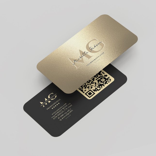 Elegant Modern Monogram Faux Guld Professionell QR Visitkort (Elegant Modern Monogram Black Gold Professional QR Business Card
)