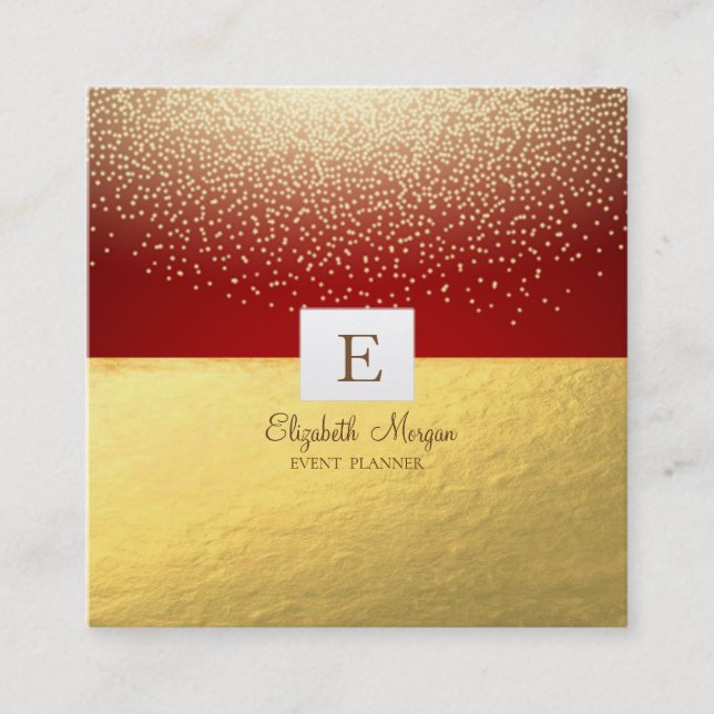 Elegant Modern Monogram Guld confetti,Red Fyrkantigt Visitkort (Framsida)