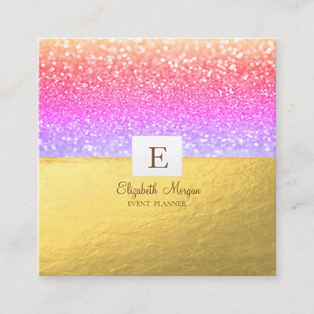 Elegant Modern Monogram Guld Glitter Violett Bokeh Fyrkantigt Visitkort (Framsida)