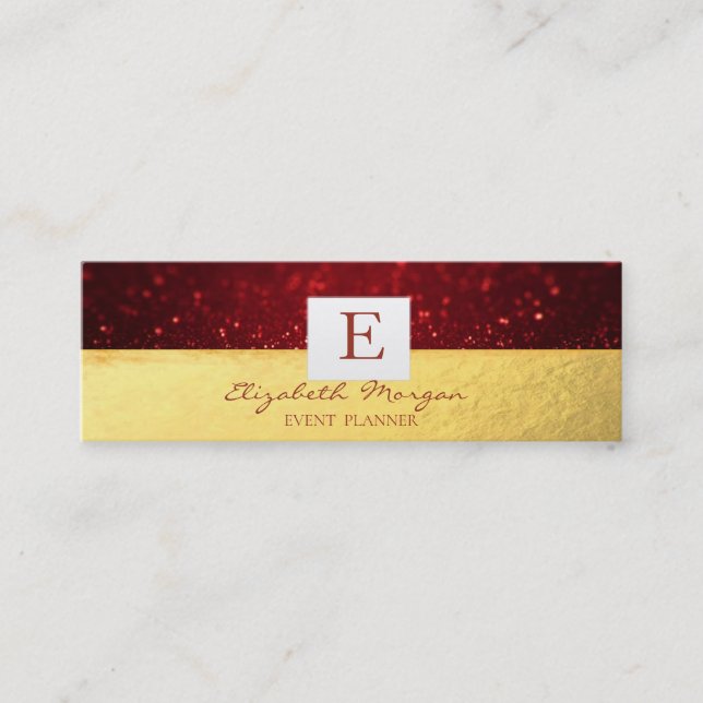 Elegant Modern Monogram Guld,Röd Glitter Bokeh Mini Visitkort (Framsida)
