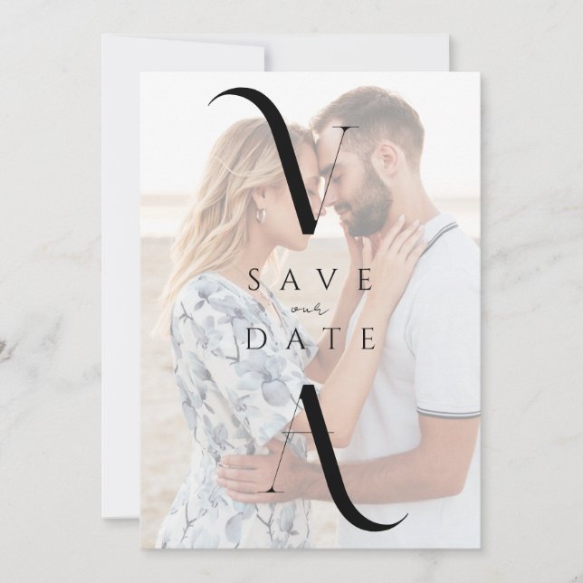 Elegant Modern Monogram Photo Bröllop Spara Datumet (Framsida)