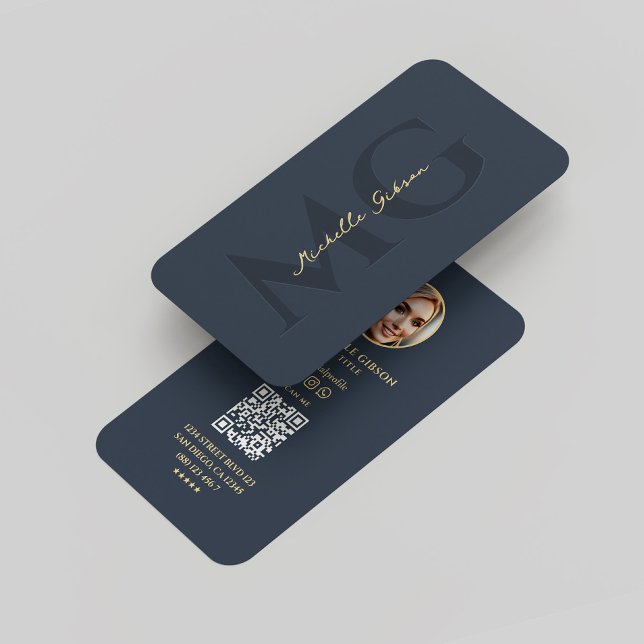 Elegant Modern Monogram Professionell Mörk blått Q Visitkort (Elegant Modern Monogram Professional Marketing Notary Attorney Realtor Blue Photo Business Card
)