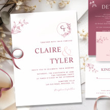 Elegant Modern Monogram Rosa, Burgundy Bröllop