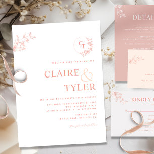 Elegant Modern Monogram  Rosa, Peach Bröllop Inbjudningar