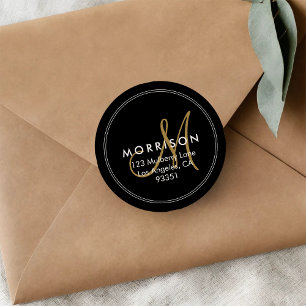 Elegant Modern Monogram Svart Guld Returadress Runt Klistermärke