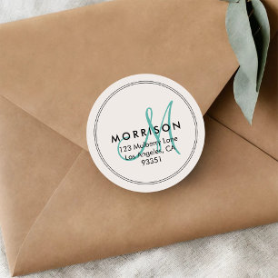 Elegant Modern Monogram Teal Returadress Runt Klistermärke