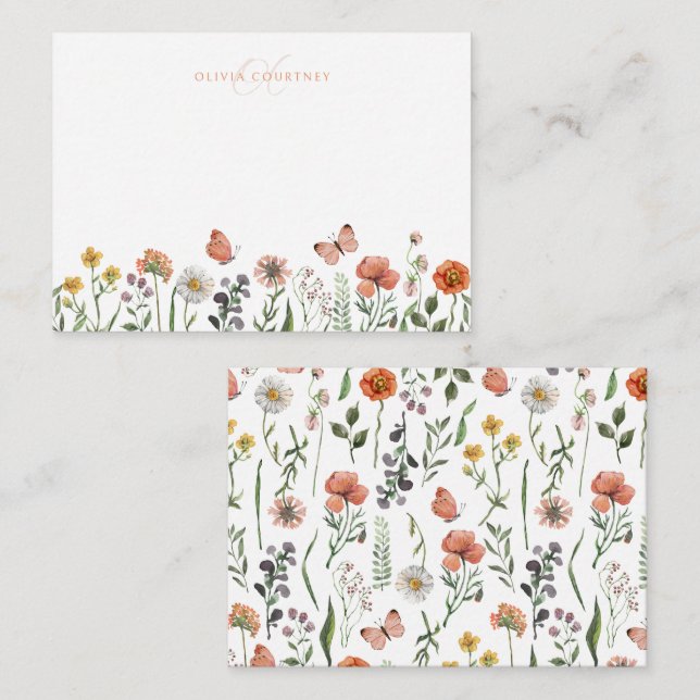 Elegant Modern Monogram Watercolor Wildblomma Anteckningskort (Fram/baksida)