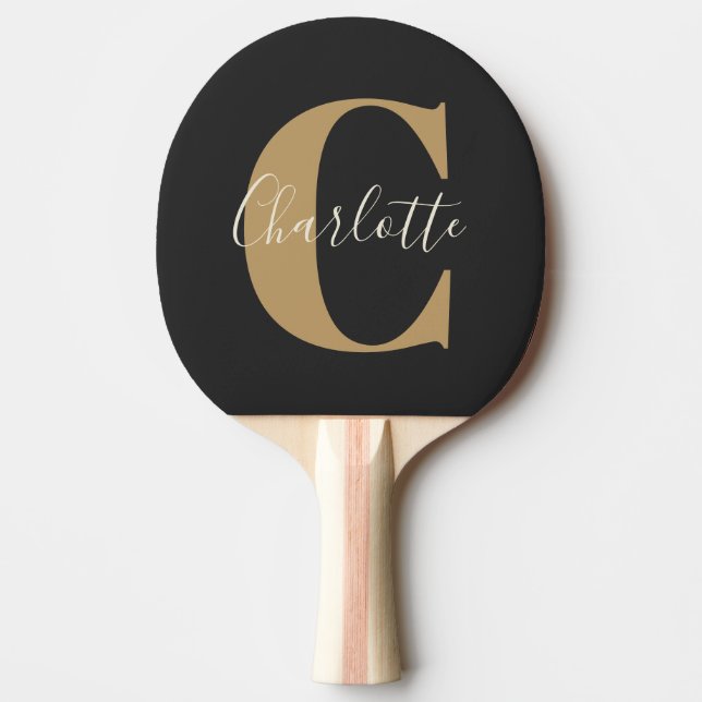 Elegant Modern Monogramnamn i Svart Guld Pingisracket (Framsidan)