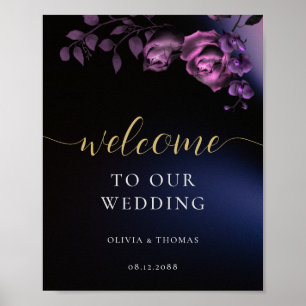 Elegant Modern Moody Black Lila Blommigt Bröllop Poster