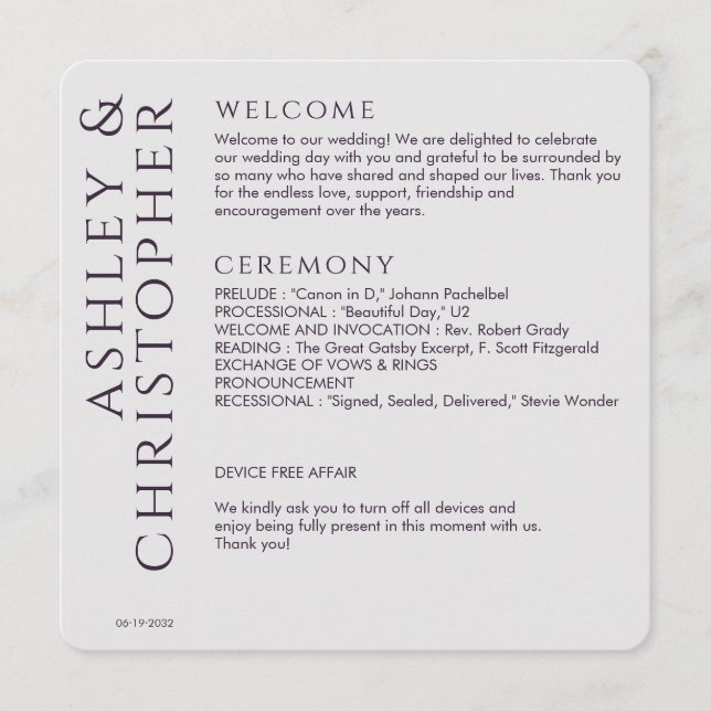 Elegant Modern Mörk Lila Bröllop Program (Framsida)