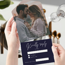 Elegant modern mörk marinbröllopsfoto med RSVP