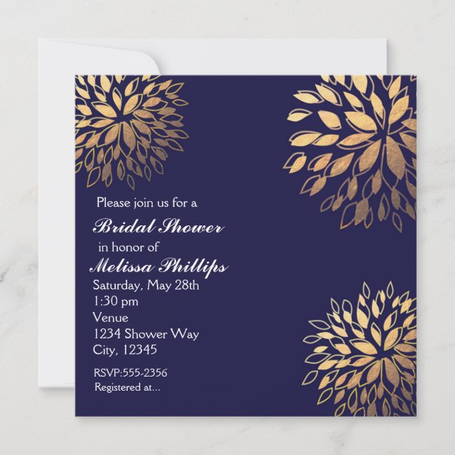 Elegant Modern Mörk Navy Blue Foil Blommigt Inbjud Inbjudningar (Framsida)