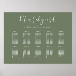 Elegant & Modern Mörk Sage Bröllop-sätesdiagram Poster
