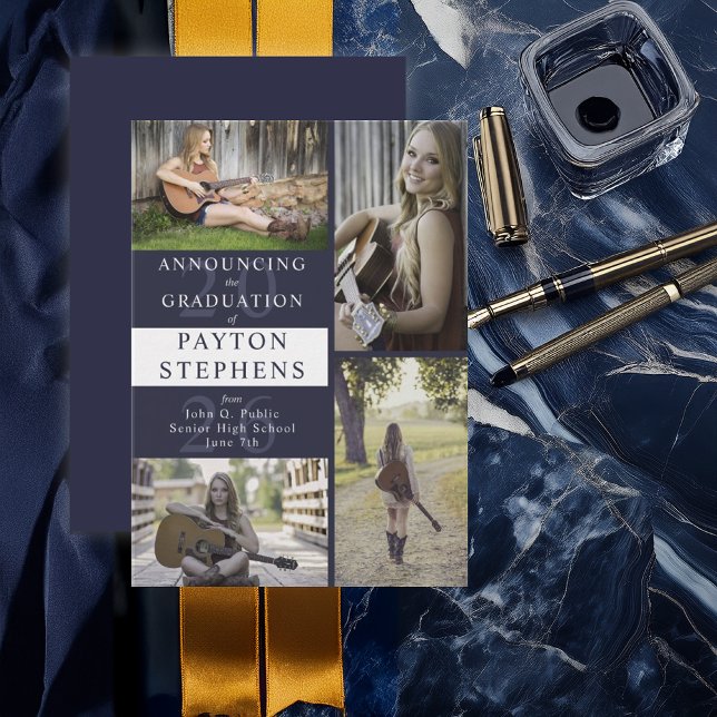 Elegant Modern Mörkblå Foto Examen Meddelande (Classy Modern Dark Blue Photo Graduation Announcement - Print | Digital Download)