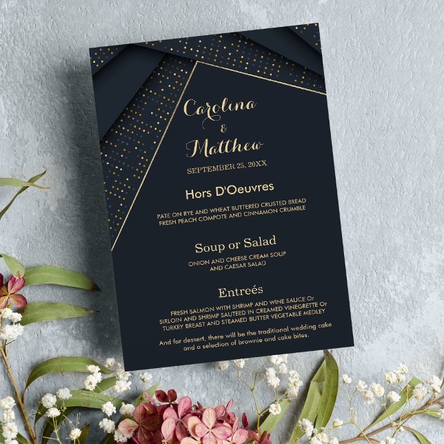 Elegant modern mörkblå guld lyx Bröllopsmeny Meny (Chic modern navy blue gold luxury Wedding Menu )
