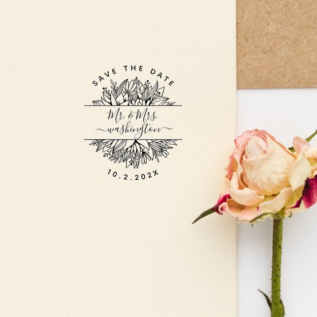 Elegant Modern Mr. & Mrs Save the Date Flowers Självfärgande Stämpel (Skapare uppladdad)