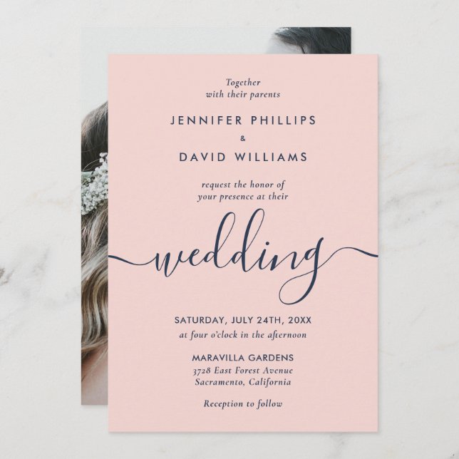 Elegant Modern Navy Blue and Blush Photo Wedding Inbjudningar (Fram/baksida)