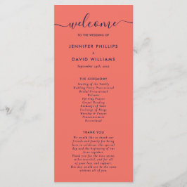 Elegant Modern Navy Blue and Coral Bröllop Program