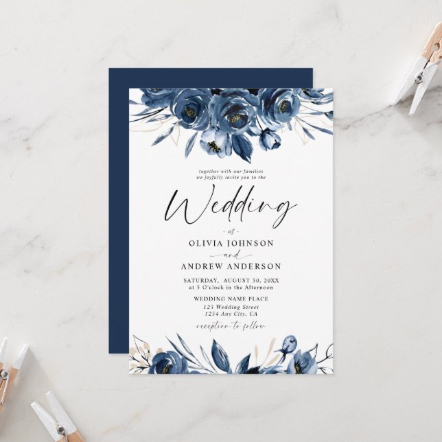 Elegant Modern Navy Blue and Silver Floral Wedding Inbjudningar (Fram/Back In Situ)
