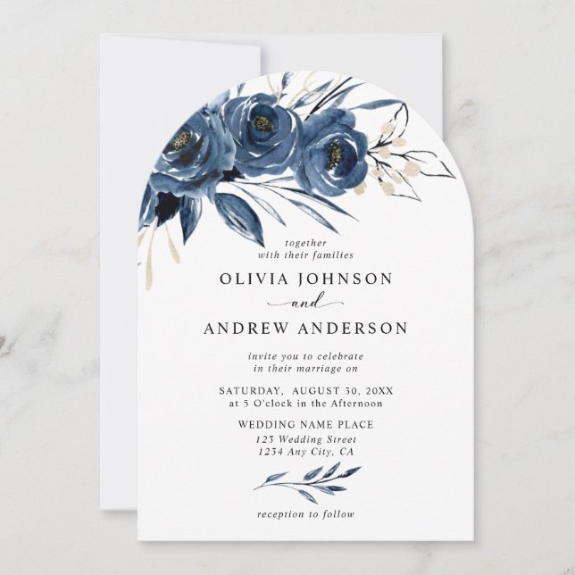 Elegant Modern Navy Blue Arch Floral Wedding Inbjudningar (Framsida)