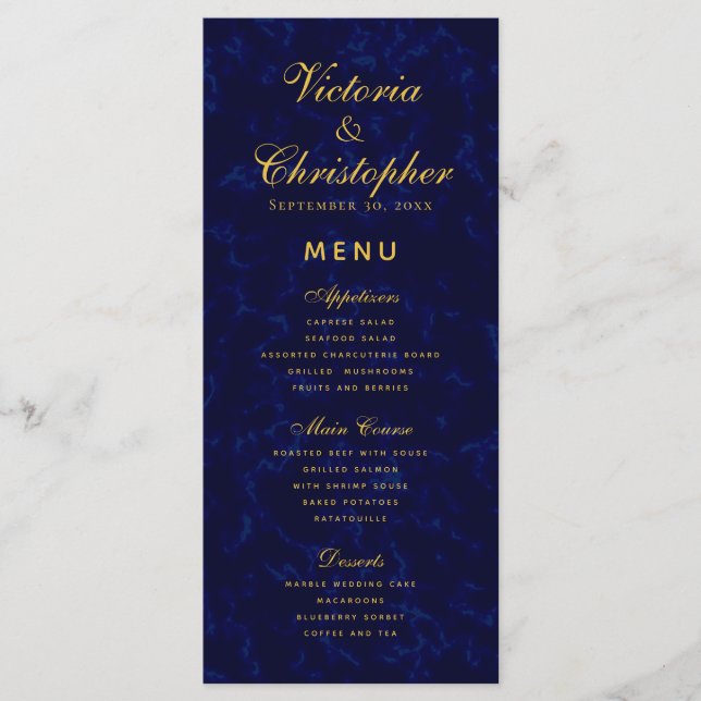 Elegant Modern Navy Blue Bröllop Middag Meny (Framsida)