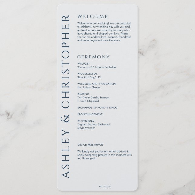 Elegant Modern Navy Blue Bröllop Program (Framsida)