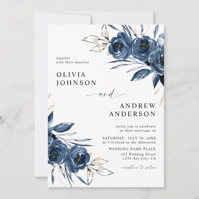 Elegant Modern Navy Blue Floral Wedding Inbjudningar (Framsida)