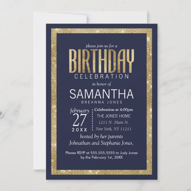Elegant Modern Navy Blue Guld Sequin Birthday Inbjudningar (Framsida)