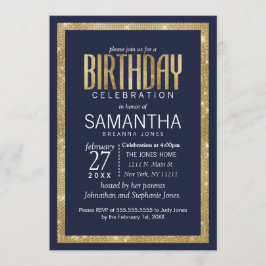 Elegant Modern Navy Blue Guld Sequin Birthday Inbjudningar