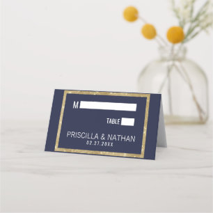 Elegant Modern Navy Blue Guld Sequin Bröllop Placeringskort