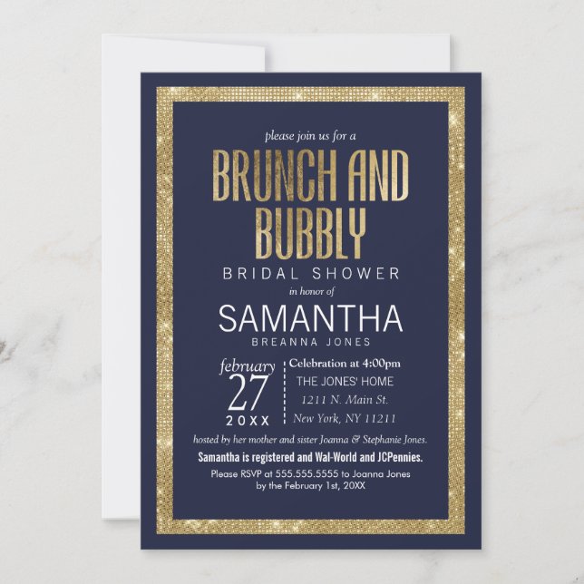 Elegant Modern Navy Blue Guld Sequin Brunch BubLY Inbjudningar (Framsida)