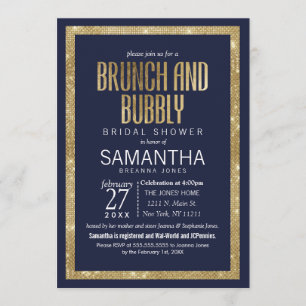 Elegant Modern Navy Blue Guld Sequin Brunch BubLY Inbjudningar