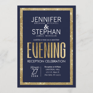 Elegant Modern Navy Blue Guld Sequin Recin Inbjudningar