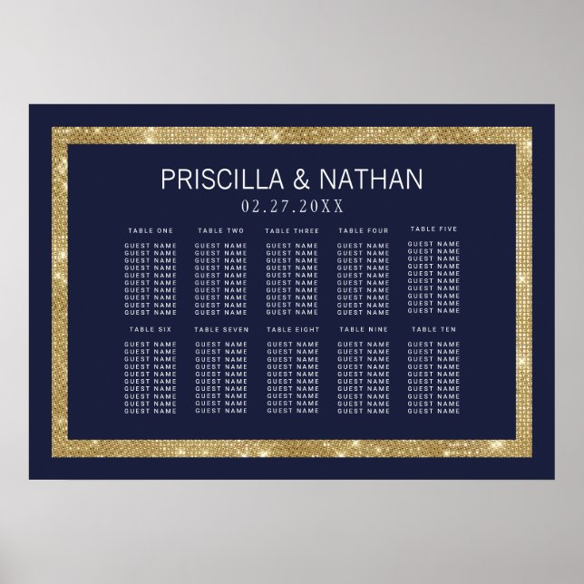 Elegant Modern Navy Blue Guld Sequin Sequin Chart Poster (Framsidan)