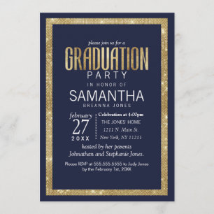 Elegant Modern Navy Blue Guld Sequin Studenten Inbjudningar