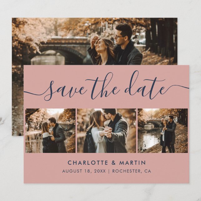 Elegant Modern Navy Blue och  Bröllop 4-foto Spara Datumet (Fram/baksida)