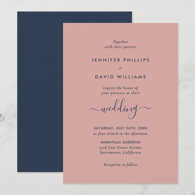 Elegant Modern Navy Blue och  Bröllop Inbjudningar (Fram/baksida)