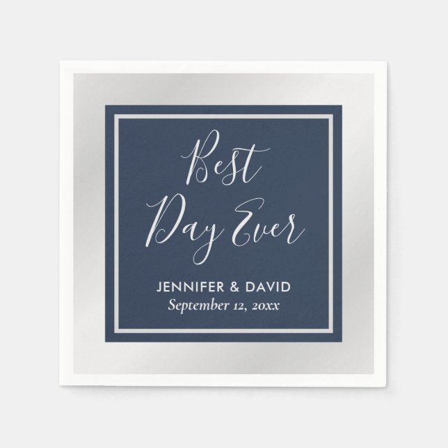 Elegant Modern Navy Blue och Silver Bröllop Pappersservett (Framsidan)