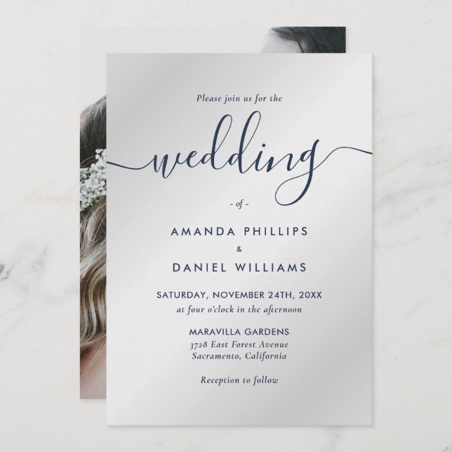 Elegant Modern Navy Blue och Silver Photo Bröllop Inbjudningar (Fram/baksida)