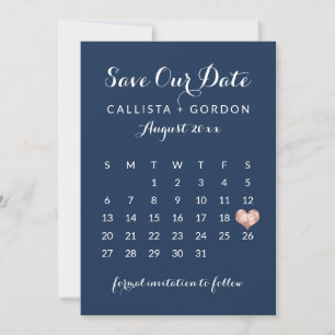 Elegant Modern Navy Blue Ro Guld Heart Calendar Spara Datumet