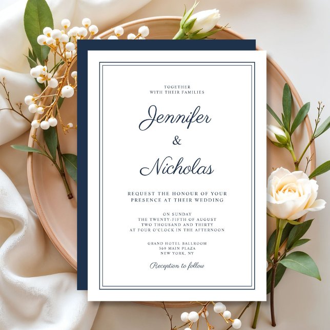 Elegant Modern Navy Blue Script Wedding Inbjudningar (Elegant Modern Navy Blue Script Wedding Invitation)