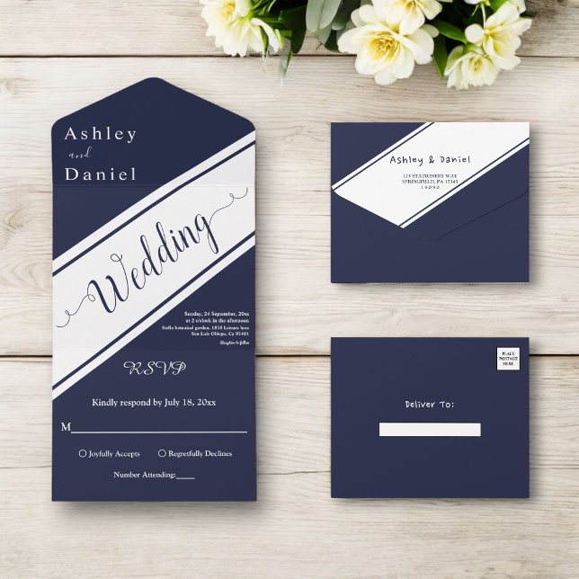 Elegant Modern Navy Blue White Classy Chic Bröllop (Skapare uppladdad)