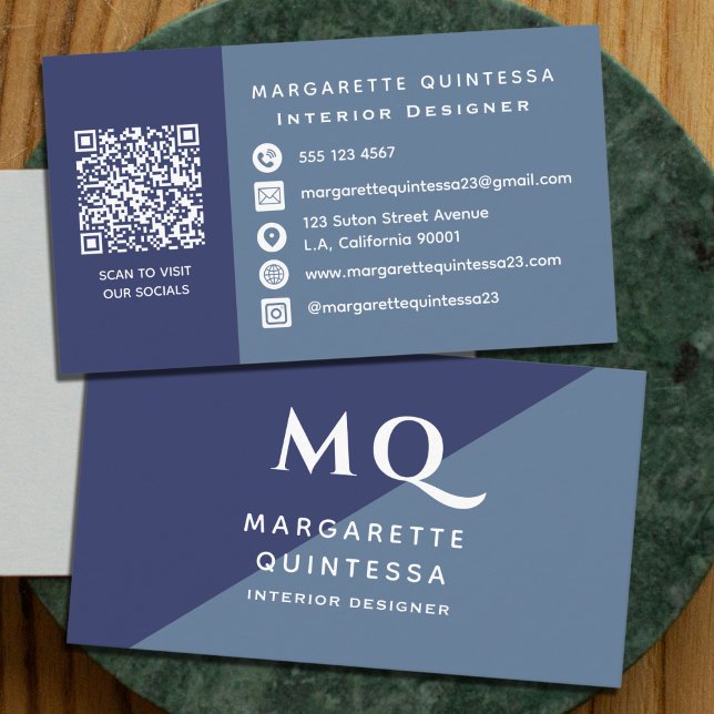 Elegant Modern Navy Blue & White Monogram Qr Code Visitkort (Skapare uppladdad)