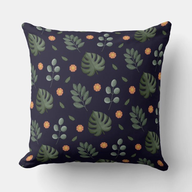 Elegant Modern Navy Botanical Leaf Floral Kudde (Framsida)