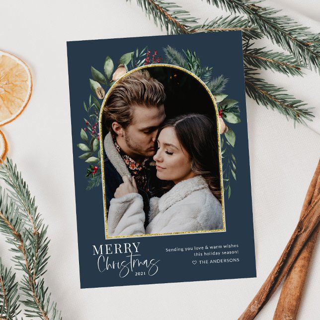 Elegant Modern Navy Guld Greenery Arch Photo Julkort (Skapare uppladdad)